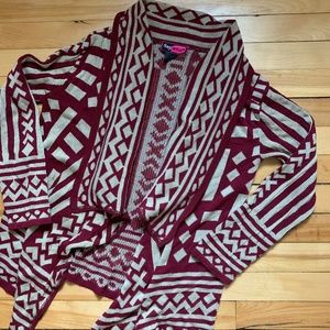 Say What Burgundy Beige Geo Patterned Cardigan (M)